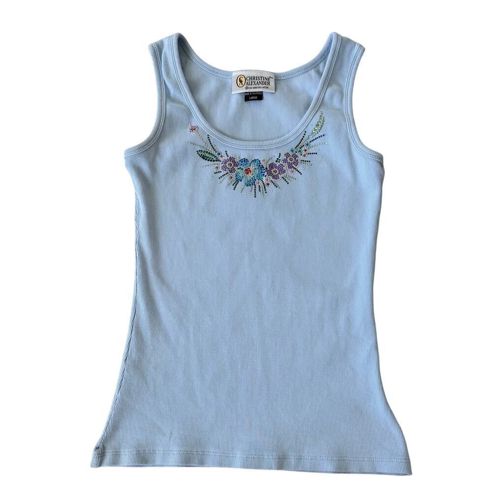 Christine Alexander Y2K Rhinestone Tank Top L Floral Fairycore Cami Baby Blue - Picture 2 of 6